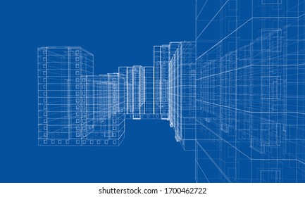 Vector wire-frame model of a multi-storey residential building. Construction concept. Drawing or blueprint style. Vector made from 3d model