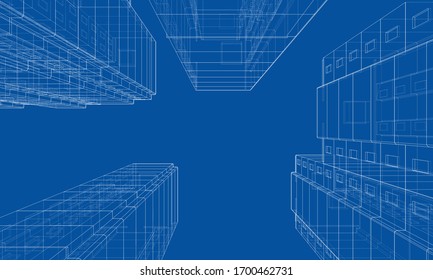 Modelo vectorial de alambre de un edificio residencial de varios pisos. Concepto de construcción. Estilo de dibujo o plano. Vector de modelo 3d