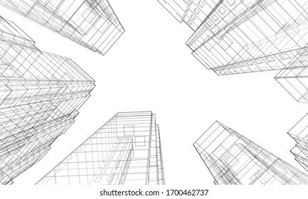 Vector wire-frame model of a multi-storey residential building. Construction concept. Drawing or blueprint style. Vector made from 3d model