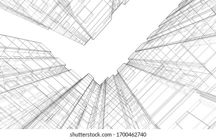 Vector wire-frame model of a multi-storey residential building. Construction concept. Drawing or blueprint style. Vector made from 3d model