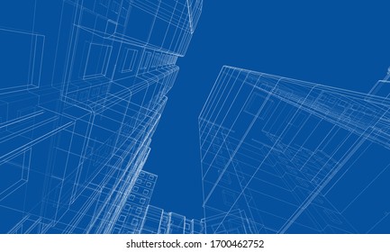Vector wire-frame model of a multi-storey residential building. Construction concept. Drawing or blueprint style. Vector made from 3d model