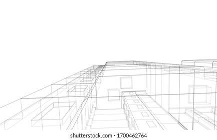 Vector wire-frame model of a multi-storey residential building. Construction concept. Drawing or blueprint style. Vector made from 3d model