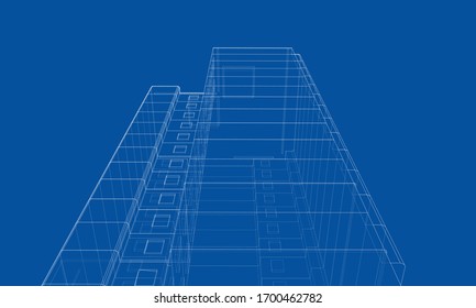 Vector wire-frame model of a multi-storey residential building. Construction concept. Drawing or blueprint style. Vector made from 3d model