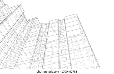 Vector wire-frame model of a multi-storey residential building. Construction concept. Drawing or blueprint style. Vector made from 3d model