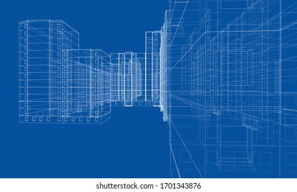 Vector wire-frame model of a multi-storey residential building. Construction concept. Drawing or blueprint style. Vector made from 3d model