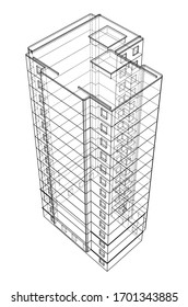 Vector wire-frame model of a multi-storey residential building. Construction concept. Drawing or blueprint style. Vector made from 3d model