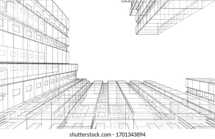 Vector wire-frame model of a multi-storey residential building. Construction concept. Drawing or blueprint style. Vector made from 3d model