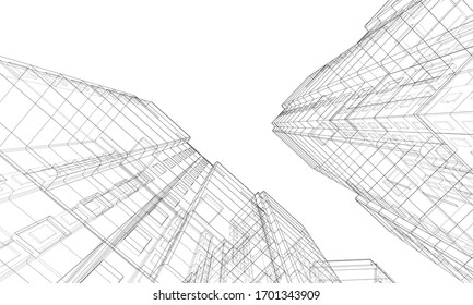 Vector wire-frame model of a multi-storey residential building. Construction concept. Drawing or blueprint style. Vector made from 3d model