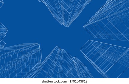 Vector wire-frame model of a multi-storey residential building. Construction concept. Drawing or blueprint style. Vector made from 3d model