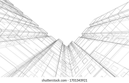 Vector wire-frame model of a multi-storey residential building. Construction concept. Drawing or blueprint style. Vector made from 3d model