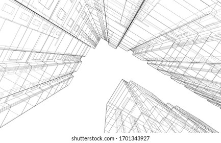 Vector wire-frame model of a multi-storey residential building. Construction concept. Drawing or blueprint style. Vector made from 3d model