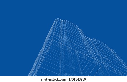 Vector wire-frame model of a multi-storey residential building. Construction concept. Drawing or blueprint style. Vector made from 3d model