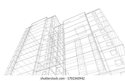 Vector wire-frame model of a multi-storey residential building. Construction concept. Drawing or blueprint style. Vector made from 3d model