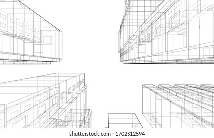 Vector wire-frame model of a multi-storey residential building. Construction concept. Drawing or blueprint style. Vector made from 3d model
