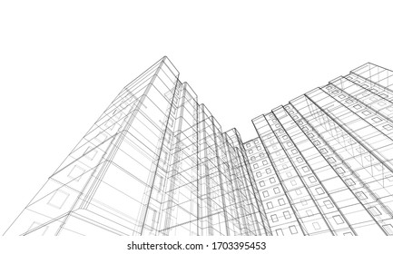 Vector wire-frame model of a multi-storey residential building. Construction concept. Drawing or blueprint style. Vector made from 3d model