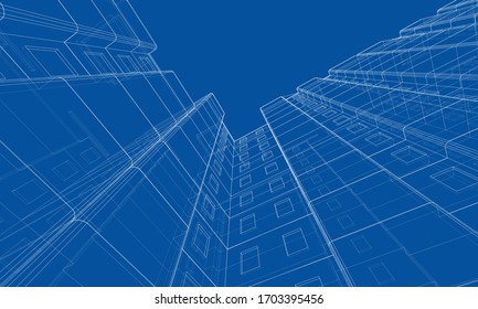 Vector wire-frame model of a multi-storey residential building. Construction concept. Drawing or blueprint style. Vector made from 3d model