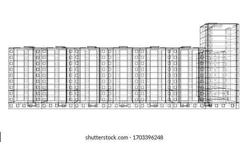 Vector wire-frame model of a multi-storey residential building. Construction concept. Drawing or blueprint style. Vector made from 3d model