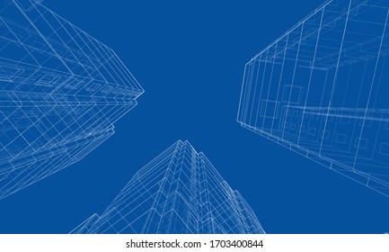 Vector wire-frame model of a multi-storey residential building. Construction concept. Drawing or blueprint style. Vector made from 3d model