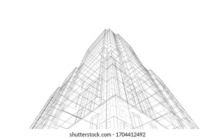 Vector wire-frame model of a multi-storey residential building. Construction concept. Drawing or blueprint style. Vector made from 3d model
