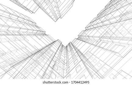 Vector wire-frame model of a multi-storey residential building. Construction concept. Drawing or blueprint style. Vector made from 3d model