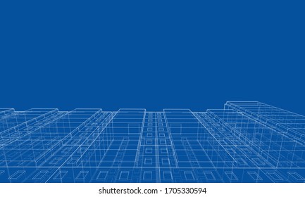 Modelo vectorial de alambre de un edificio residencial de varios pisos. Concepto de construcción. Estilo de dibujo o plano. Vector de modelo 3d