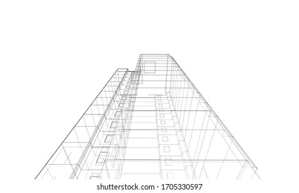 Modelo vectorial de alambre de un edificio residencial de varios pisos. Concepto de construcción. Estilo de dibujo o plano. Vector de modelo 3d