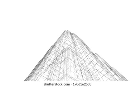 Vector wire-frame model of a multi-storey residential building. Construction concept. Drawing or blueprint style. Vector made from 3d model