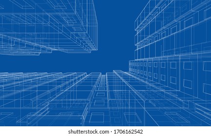 Modelo vectorial de alambre de un edificio residencial de varios pisos. Concepto de construcción. Estilo de dibujo o plano. Vector de modelo 3d