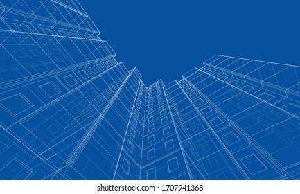 Vektorillustration Drahtmodell eines mehrstöckigen Wohngebäudes. Baukonzept. Zeichnen oder Planen-Stil. Vektorillustration aus 3D-Modell