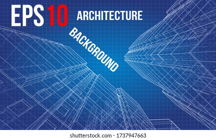 Vector wire-frame model of a multi-storey residential building. Construction concept. Drawing or blueprint style. Vector made from 3d model