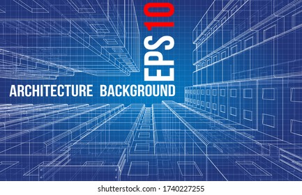 Vector wire-frame model of a multi-storey residential building. Construction concept. Drawing or blueprint style. Vector made from 3d model