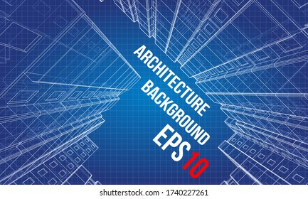 Vector wire-frame model of a multi-storey residential building. Construction concept. Drawing or blueprint style. Vector made from 3d model