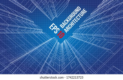 Vector wire-frame model of a multi-storey residential building. Construction concept. Drawing or blueprint style. Vector made from 3d model