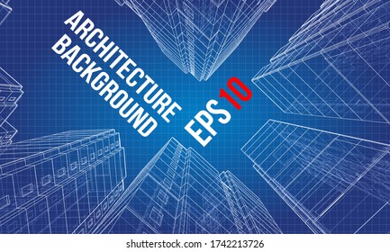 Vector wire-frame model of a multi-storey residential building. Construction concept. Drawing or blueprint style. Vector made from 3d model