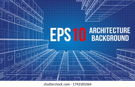Vector wire-frame model of a multi-storey residential building. Construction concept. Drawing or blueprint style. Vector made from 3d model