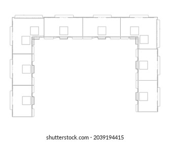 Vector wire-frame model of a multi-storey residential building. Construction concept. Drawing or blueprint style. Vector made from 3d model. Orthography or isometric