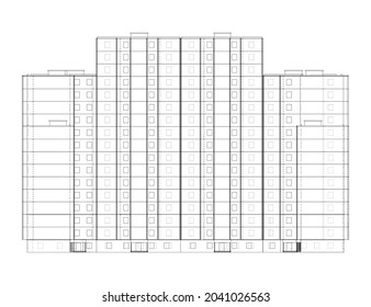 Vector wire-frame model of a multi-storey residential building. Construction concept. Drawing or blueprint style. Vector made from 3d model. Orthography or isometric