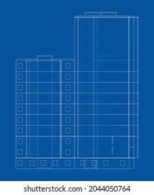 Vector wire-frame model of a multi-storey residential building. Construction concept. Drawing or blueprint style. Vector made from 3d model. Orthography or isometric