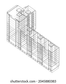 Vector wire-frame model of a multi-storey residential building. Construction concept. Drawing or blueprint style. Vector made from 3d model. Orthography or isometric