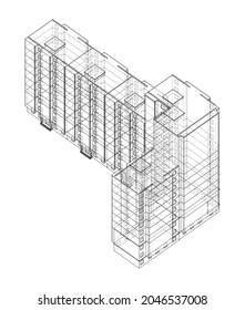 Vector wire-frame model of a multi-storey residential building. Construction concept. Drawing or blueprint style. Vector made from 3d model. Orthography or isometric