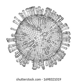 Vector wire-frame model of a virus. Abstract 3d microbe, virus or bacteria. Virus development concept. Drawing or blueprint style. Vector made from 3d model.