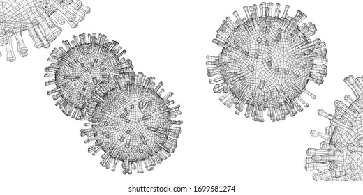 Vector wire-frame model of a virus. Abstract 3d microbe, virus or bacteria. Virus development concept. Drawing or blueprint style. Vector made from 3d model.
