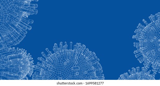 Vector wire-frame model of a virus. Abstract 3d microbe, virus or bacteria. Virus development concept. Drawing or blueprint style. Vector made from 3d model.
