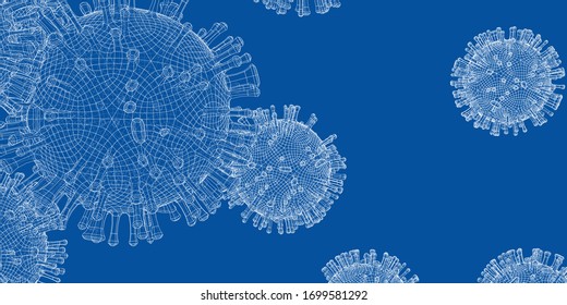 Vector wire-frame model of a virus. Abstract 3d microbe, virus or bacteria. Virus development concept. Drawing or blueprint style. Vector made from 3d model.