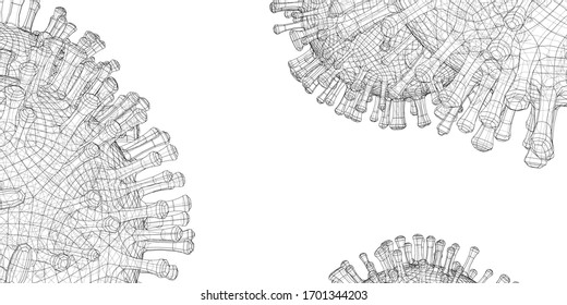 Vector wire-frame model of a virus. Abstract 3d microbe, virus or bacteria. Virus development concept. Drawing or blueprint style. Vector made from 3d model.