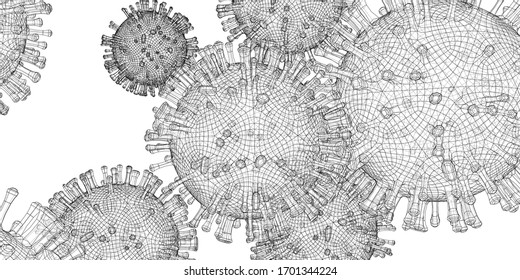 Vector wire-frame model of a virus. Abstract 3d microbe, virus or bacteria. Virus development concept. Drawing or blueprint style. Vector made from 3d model.