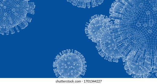 Vector wire-frame model of a virus. Abstract 3d microbe, virus or bacteria. Virus development concept. Drawing or blueprint style. Vector made from 3d model.