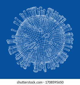 Vector wire-frame model of a virus. Abstract 3d microbe, virus or bacteria. Virus development concept. Drawing or blueprint style. Vector made from 3d model.