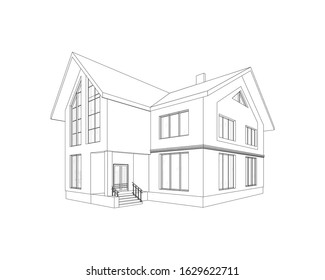 Vector wireframe perspective of luxury modern house exterior. 3D vector model of cottage isolated on white background.