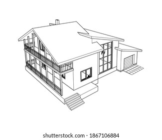 Vector wireframe perspective of luxury modern house exterior. 3D vector model of cottage isolated on white background.